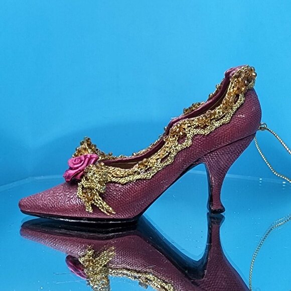 Victorian Purple Shoe Ornaments with Roses Gold Trim Ribbons Old Hollywood Style - Picture 7 of 10